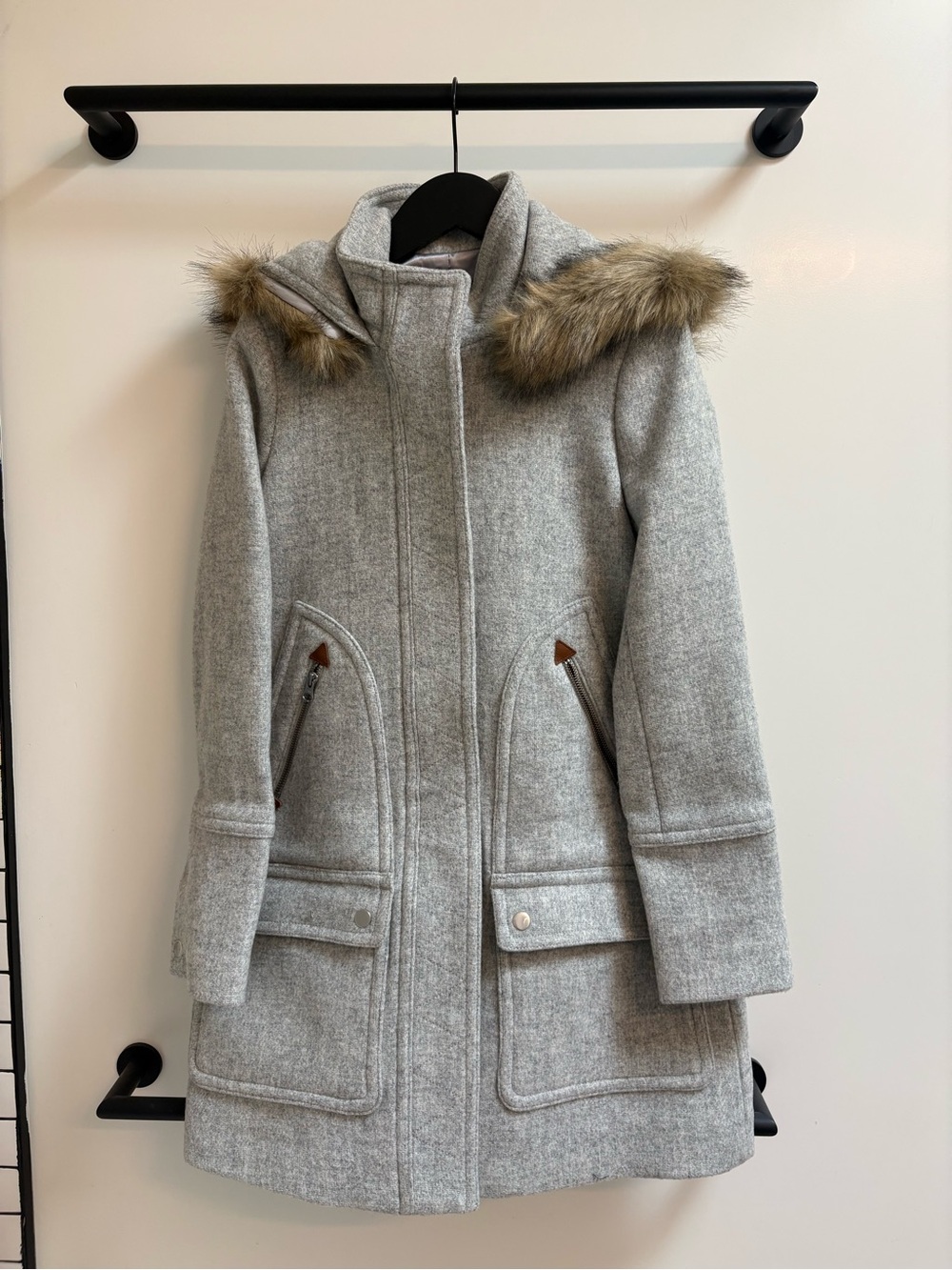 J. Crew Light Gray Wool Pea Coat with Faux Fur-Trimmed Hood